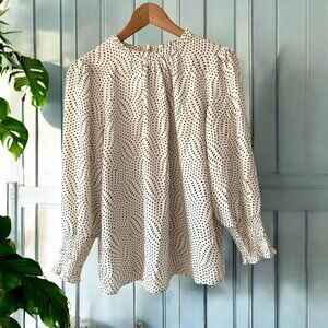 Carolina Belle Montreal Polka Dot Blouse Crew Neck Smocked Cuffs Size Medium NWT